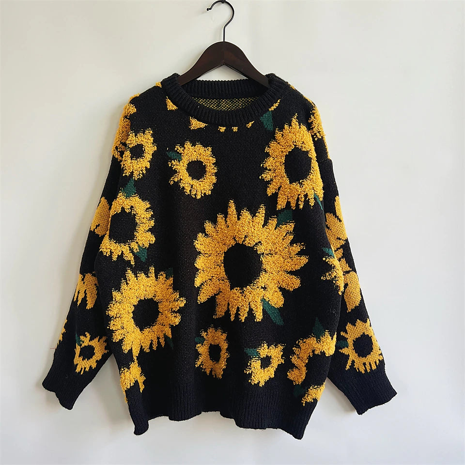 Women's Pullover Sweater Jumper Crew Neck Chunky Knit Polyester Embroidery Spring Fall Winter Regular Daily Holiday Valentine Stylish Casual Long Sleeve Floral Black Yellow S M L