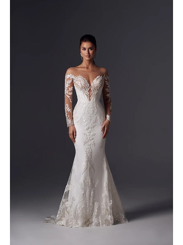 Engagement Formal Wedding Dresses Mermaid / Trumpet Off Shoulder Long Sleeve Court Train Satin Bridal Gowns With Appliques Solid Color 2023 Summer Wedding Party, Women's Clothing - LuckyFash™