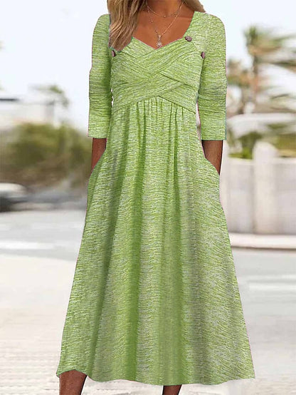 Women's Dress - Casual Dress Pleated Dress Plain Dress Plain Ruched Pocket Square Neck Midi Dress Fashion Modern Daily Vacation 3/4 Length Sleeve Regular Fit Pink Purple Green Summer Spring S M L XL XXL