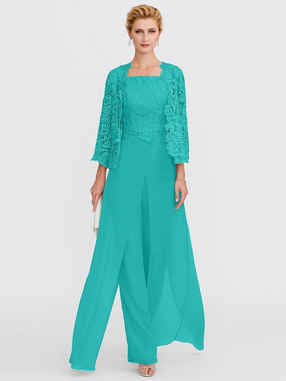 Jumpsuit / Pantsuit Mother of the Bride Dress Formal Plus Size Elegant Square Neck Floor Length Chiffon Corded Lace Sleeveless Wrap Included with Lace Appliques 2023 - LuckyFash™