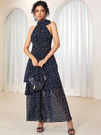 Women's Chiffon A Line Dress Layered Halter Neck Maxi Dress Elegant Party Date Sleeveless Summer