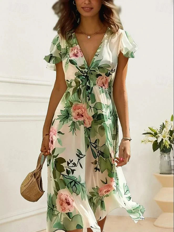Women's Chiffon A Line Dress Floral Tie Front Ruffle V Neck Flounce Sleeve Midi Dress Elegant Wedding Vacation Sleeveless Summer