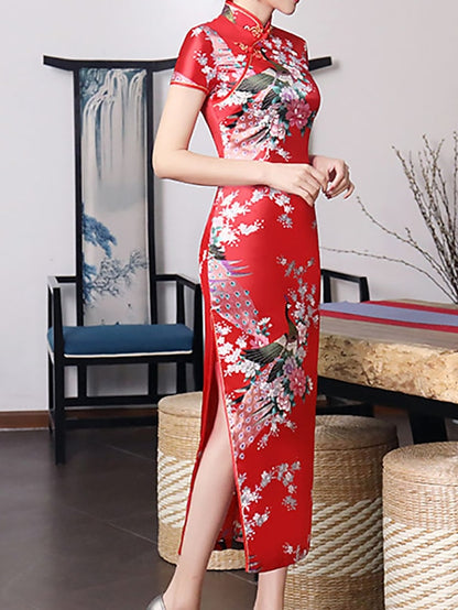 Women's Dress - Cheongsam Floral Mandarin Collar Chinoiserie Dress Long Dress Maxi Dress Light Pink Black Blue Short Sleeve Spring Summer Weekend S M L XL XXL 3XL 4XL 5XL 6XL