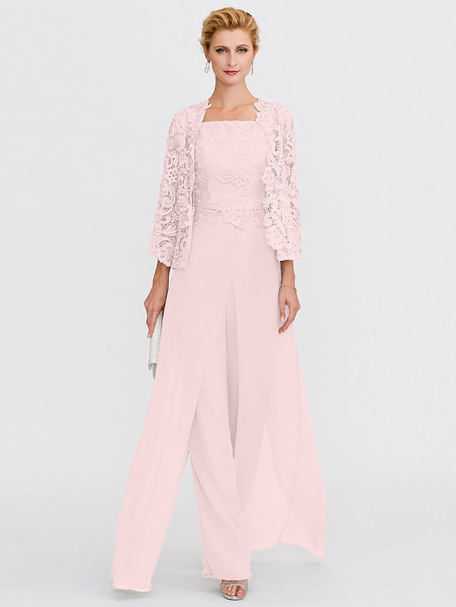 Jumpsuit / Pantsuit Mother of the Bride Dress Formal Plus Size Elegant Square Neck Floor Length Chiffon Corded Lace Sleeveless Wrap Included with Lace Appliques 2023 - LuckyFash™
