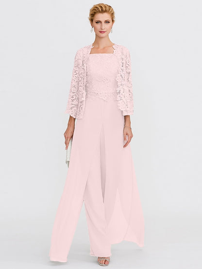 Jumpsuit / Pantsuit Mother of the Bride Dress Formal Plus Size Elegant Square Neck Floor Length Chiffon Corded Lace Sleeveless Wrap Included with Lace Appliques 2023 - LuckyFash™
