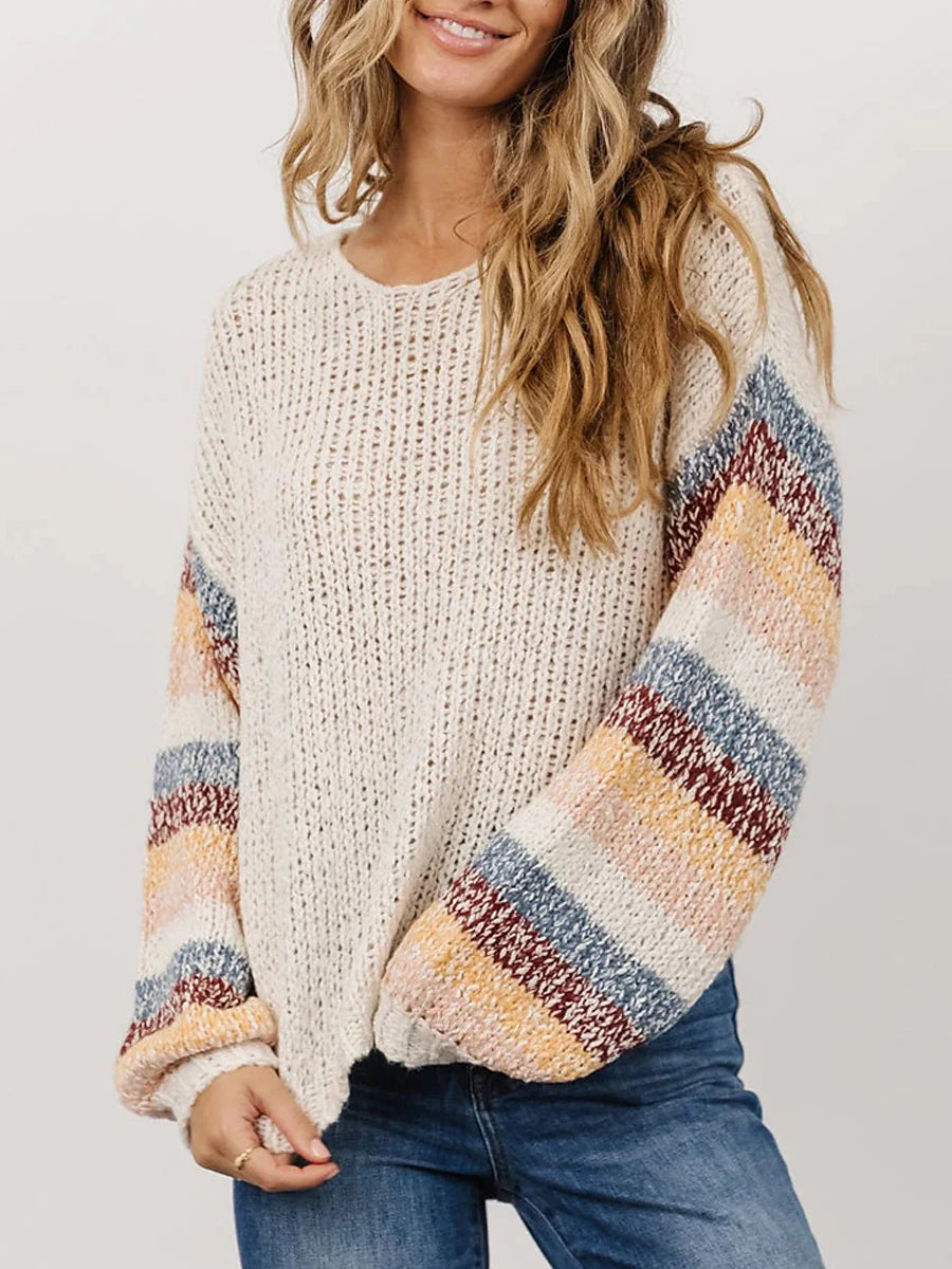 Women's Plus Size Pullover Sweater Jumper Crew Neck Ribbed Knit Polyester Patchwork Fall Winter Regular Outdoor Going out Weekend Stylish Plus Size Casual Long Sleeve Striped White XS S M