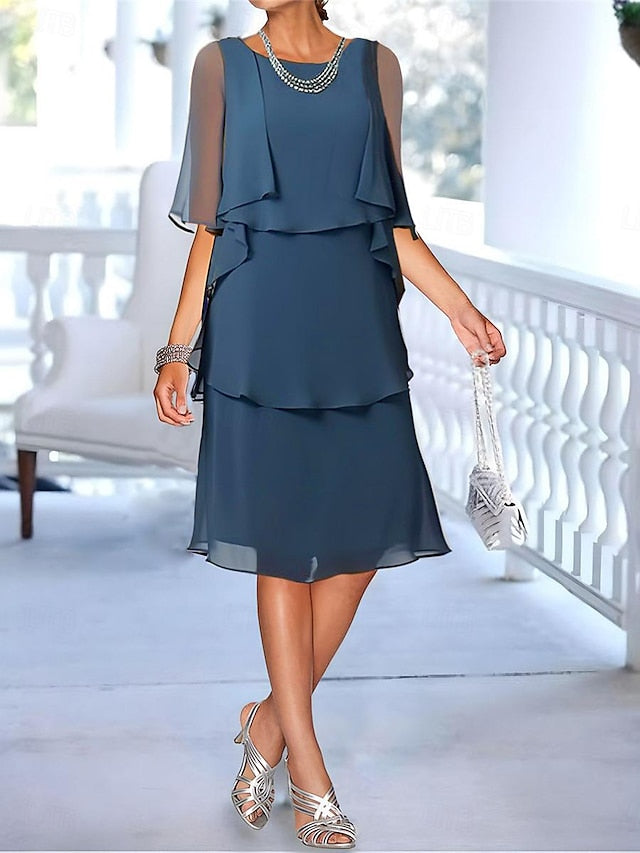 Women's Party Dress Ruffle Layered Crew Neck Half Sleeve Midi Dress Blue Summer Spring
