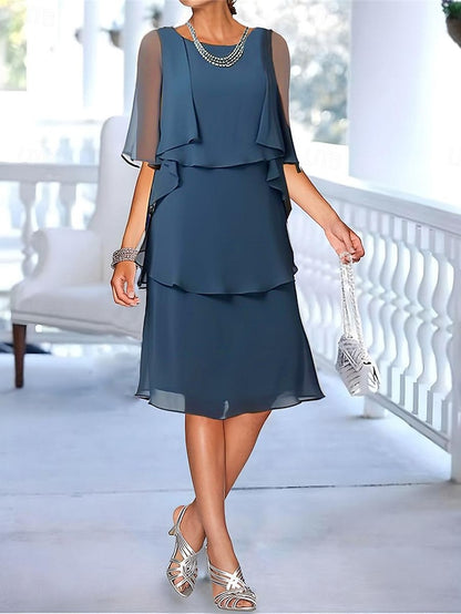 Women's Party Dress Ruffle Layered Crew Neck Half Sleeve Midi Dress Blue Summer Spring