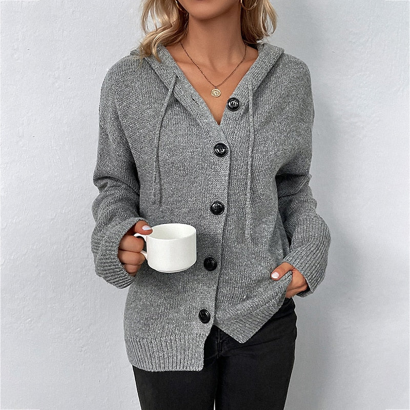 Women's Cardigan Sweater Hooded Crochet Knit Polyester Button Knitted Hooded Fall Winter Tunic Daily Holiday Date Stylish Casual Soft Long Sleeve Solid Color Black White Gray S M L