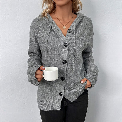 Women's Cardigan Sweater Hooded Crochet Knit Polyester Button Knitted Hooded Fall Winter Tunic Daily Holiday Date Stylish Casual Soft Long Sleeve Solid Color Black White Gray S M L