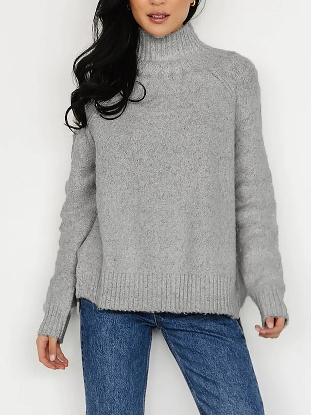 Women's Plus Size Pullover Sweater Jumper Turtleneck Ribbed Knit Polyester Split Fall Winter Regular Outdoor Going out Weekend Stylish Plus Size Casual Long Sleeve Pure Color Green Gray XS S M