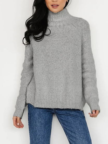 Women's Plus Size Pullover Sweater Jumper Turtleneck Ribbed Knit Polyester Split Fall Winter Regular Outdoor Going out Weekend Stylish Plus Size Casual Long Sleeve Pure Color Green Gray XS S M