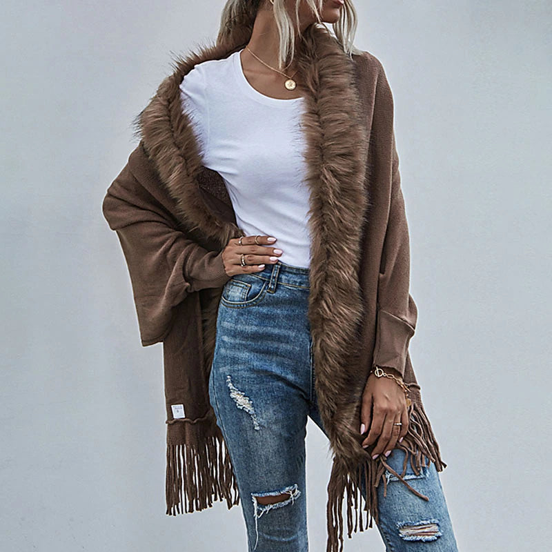 Women's Poncho Sweater Open Front Ribbed Knit Acrylic Tassel Knitted Fall Winter Tunic Outdoor Daily Going out Stylish Casual Soft Long Sleeve Pure Color Black Pink Wine S M L