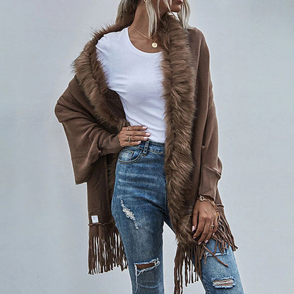 Women's Poncho Sweater Open Front Ribbed Knit Acrylic Tassel Knitted Fall Winter Tunic Outdoor Daily Going out Stylish Casual Soft Long Sleeve Pure Color Black Pink Wine S M L