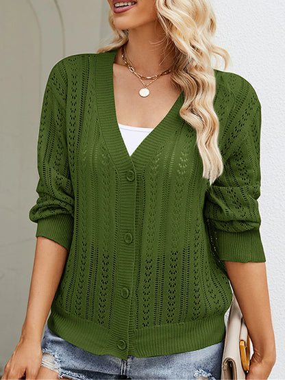 Women's Cardigan Sweater V Neck Crochet Knit Polyester Button Hole Summer Spring Daily Going out Weekend Stylish Casual Soft Long Sleeve Solid Color Purple Green Khaki S M L