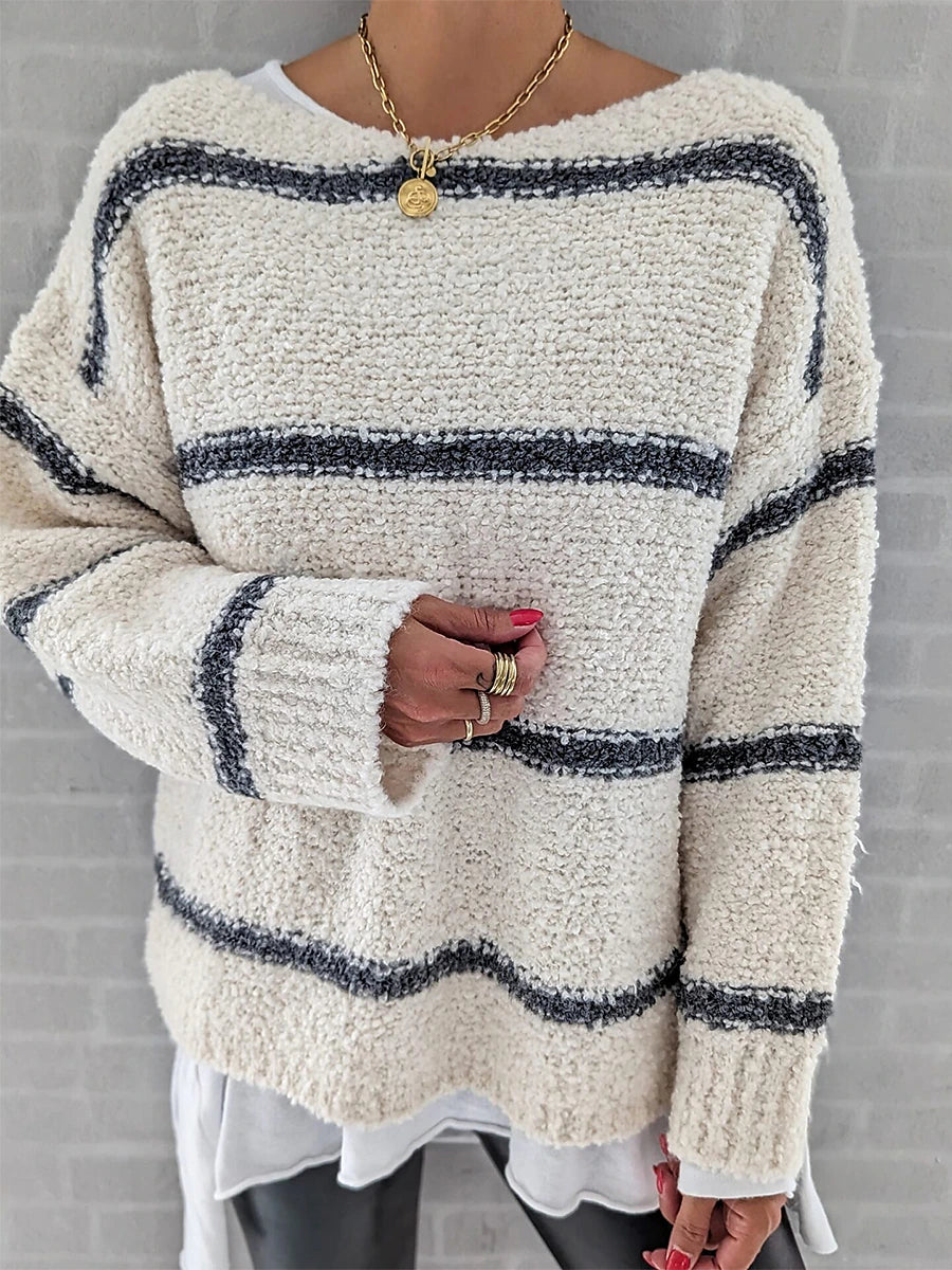 Women's Pullover Sweater Jumper Crew Neck Fuzzy Knit Cotton Blend Oversized Fall Winter Regular Daily Going out Stylish Casual Soft Long Sleeve Striped White / Black Light Blue S M L