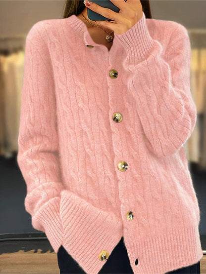 Women's Cardigan Crew Neck Cable Knit Acrylic Button Knitted Fall Winter Regular Outdoor Daily Going out Fashion Streetwear Casual Long Sleeve Solid Color White Pink Camel S M L