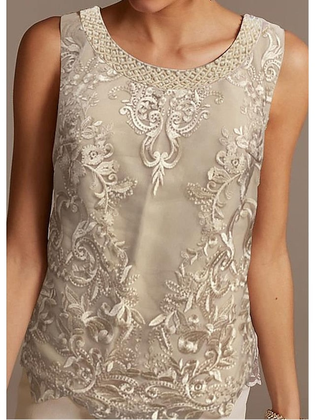 Jumpsuit / Pantsuit Mother of the Bride Dress Formal Elegant Jewel Neck Floor Length Chiffon Lace 3/4 Length Sleeve with Beading Appliques 2023 - LuckyFash™