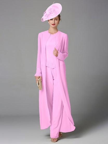 Jumpsuit / Pantsuit 3 Piece Mother of the Bride Dress Formal Plus Size Elegant Wrap Included Bateau Neck Floor Length Chiffon Sleeveless with Beading Appliques 2023 - LuckyFash™