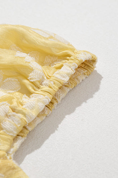 Yellow Floral Jacquard Boho Puff Sleeve Mini Dress