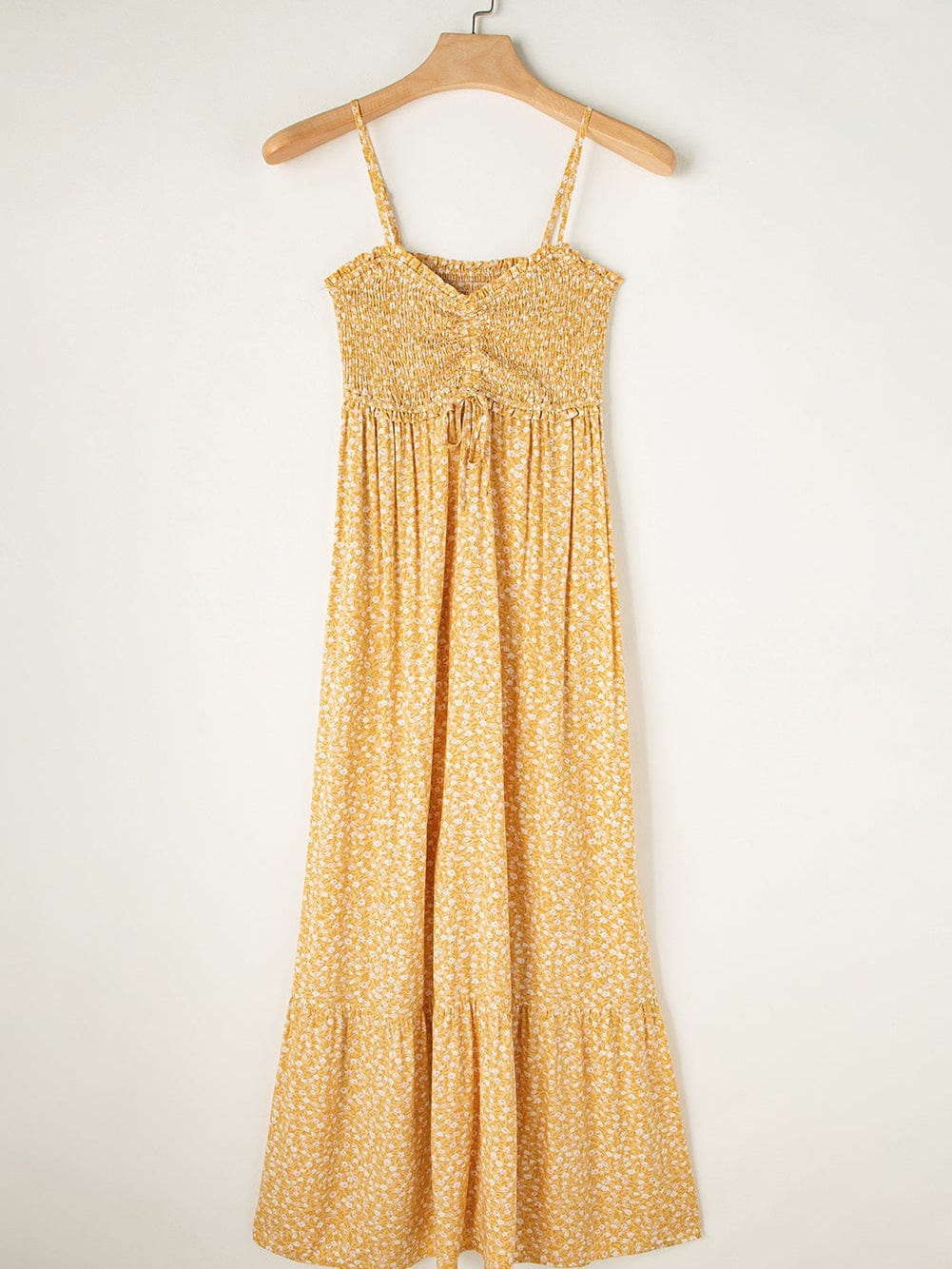 Yellow Floral Smocked Bodice Boho Maxi Dress