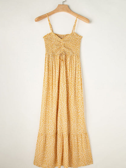 Yellow Floral Smocked Bodice Boho Maxi Dress