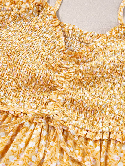 Yellow Floral Smocked Bodice Boho Maxi Dress