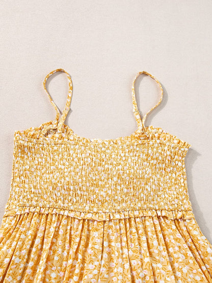 Yellow Floral Smocked Bodice Boho Maxi Dress