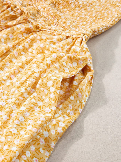 Yellow Floral Smocked Bodice Boho Maxi Dress