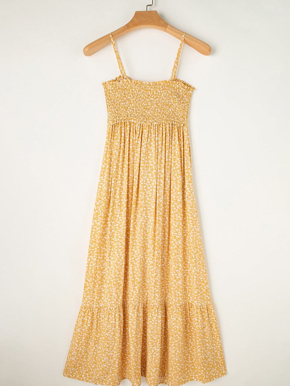 Yellow Floral Smocked Bodice Boho Maxi Dress