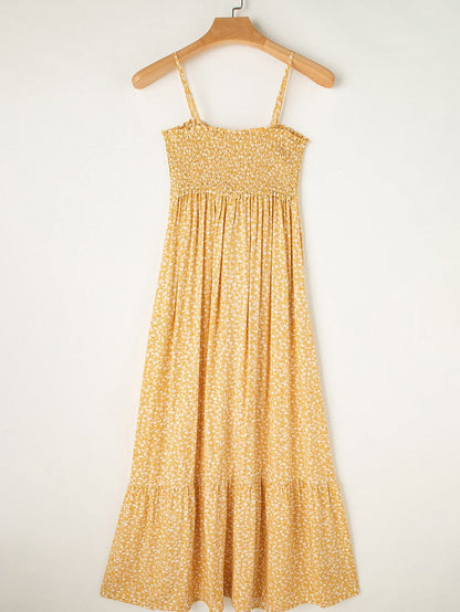 Yellow Floral Smocked Bodice Boho Maxi Dress