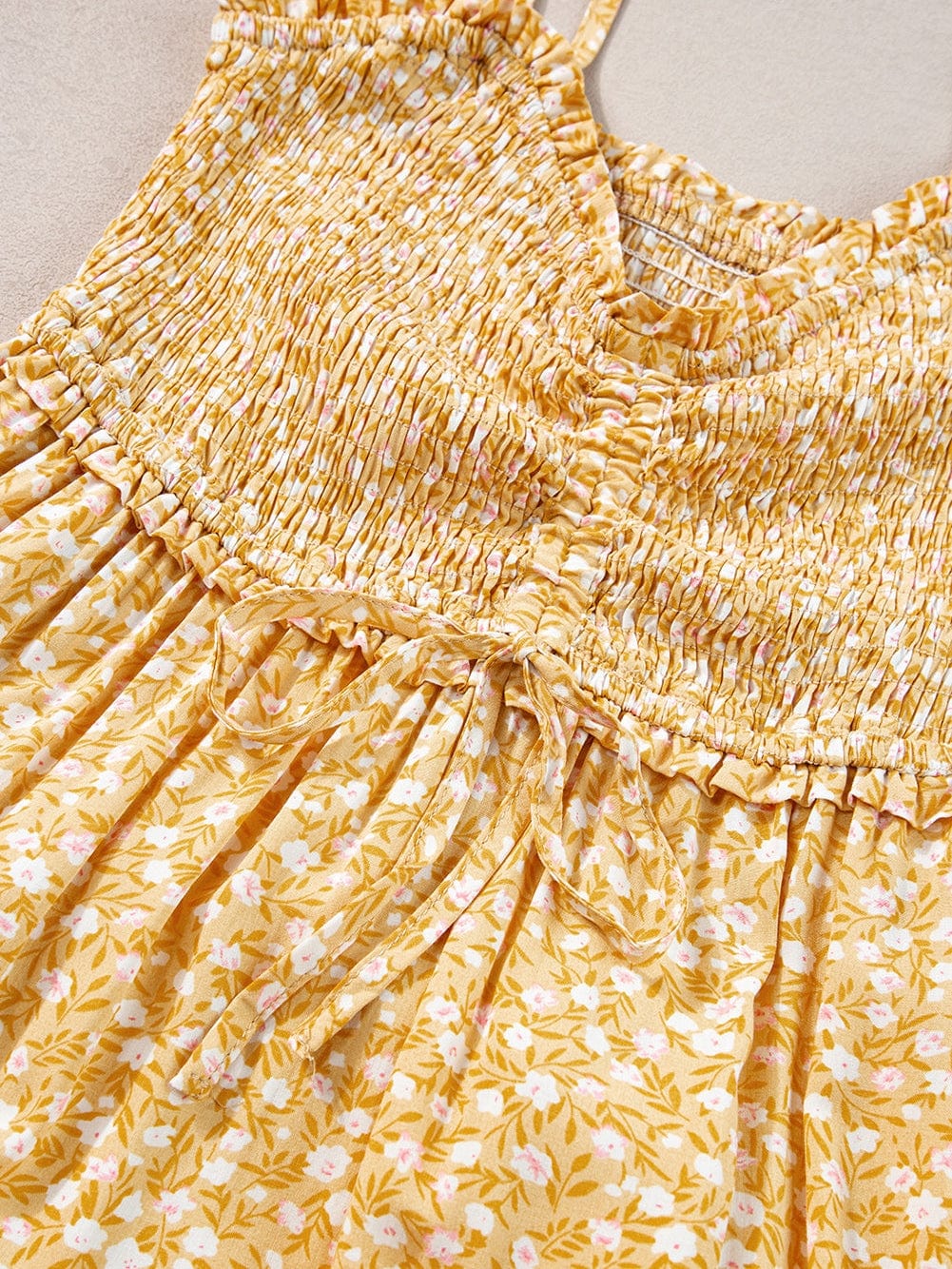 Yellow Floral Smocked Bodice Boho Maxi Dress