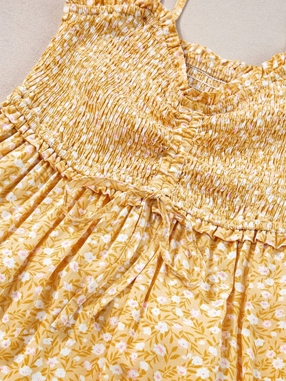 Yellow Floral Smocked Bodice Boho Maxi Dress