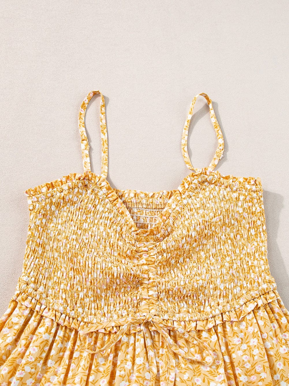 Yellow Floral Smocked Bodice Boho Maxi Dress