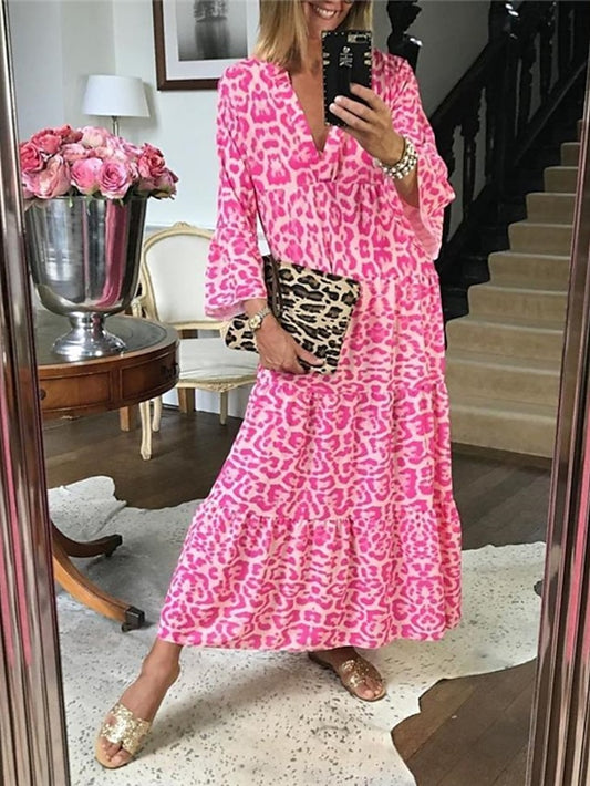 Women's Dress - Casual Dress Swing Dress Long Dress Maxi Dress Pink 3/4 Length Sleeve Animal Print Fall Autumn V Neck Loose Fit Under 10 S M L XL XXL 3XL