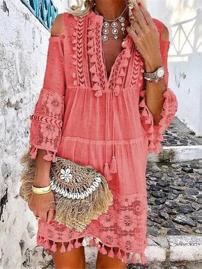 Women's Dress - Shift Dress Boho Dress Mini Dress White Yellow Pink 3/4 Length Sleeve Pure Color Tassel Fringe Summer Spring V Neck Vacation Loose Fit 2023 S M L XL XXL 3XL 4XL 5XL