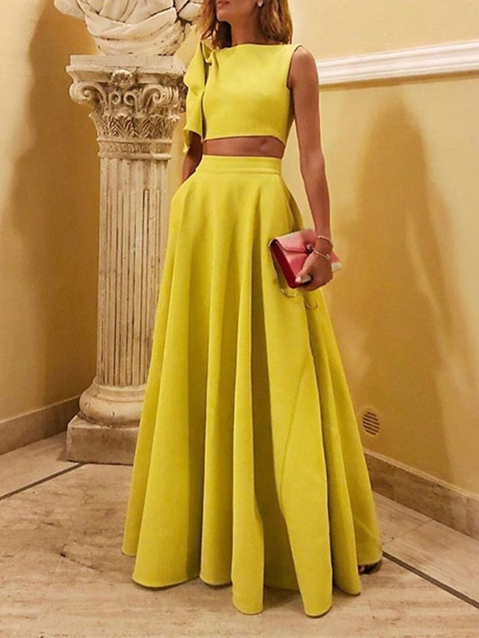 Women's Dress - Dress Set Two Piece Dress Swing Dress Long Dress Maxi Dress Yellow Short Sleeve Pure Color Ruffle Spring Summer Crew Neck Party Party 2023 S M L XL