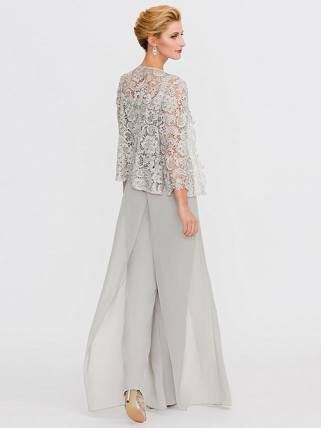 Jumpsuit / Pantsuit Mother of the Bride Dress Formal Plus Size Elegant Square Neck Floor Length Chiffon Corded Lace Sleeveless Wrap Included with Lace Appliques 2023 - LuckyFash™