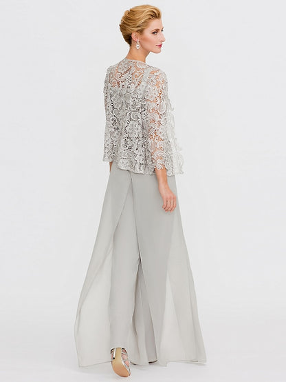 Jumpsuit / Pantsuit Mother of the Bride Dress Formal Plus Size Elegant Square Neck Floor Length Chiffon Corded Lace Sleeveless Wrap Included with Lace Appliques 2023 - LuckyFash™