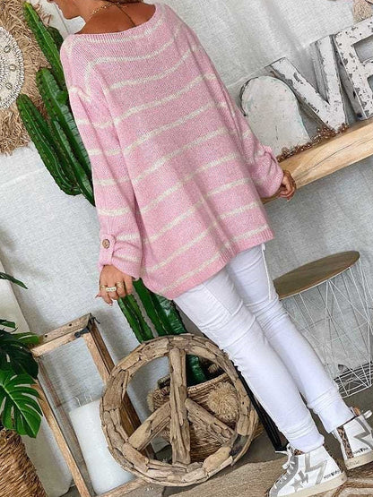 Women's Pullover Sweater Jumper Crew Neck Ribbed Knit Polyester Pocket Fall Winter Daily Going out Weekend Stylish Casual Soft Long Sleeve Striped Maillard Black Pink Orange S M L