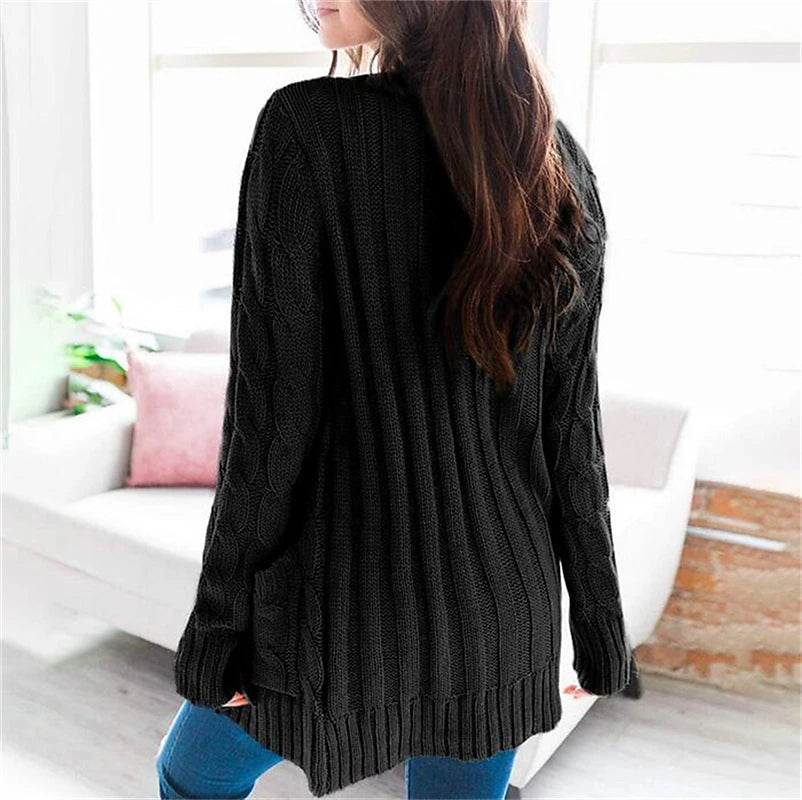 Women's Cardigan Sweater Open Front Cable Chunky Knit Button Pocket Fall Winter Tunic Daily Casual Soft Long Sleeve Solid Color Dark powder Black White S M L