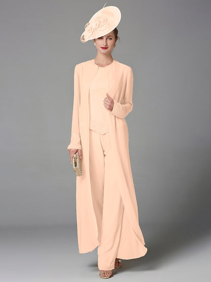 Jumpsuit / Pantsuit 3 Piece Mother of the Bride Dress Formal Plus Size Elegant Wrap Included Bateau Neck Floor Length Chiffon Sleeveless with Beading Appliques 2023 - LuckyFash™