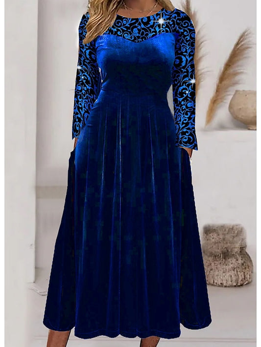 Women's Dress - Party Dress Wedding Guest Dress Velvet Dress Swing Dress Midi Dress Blue Long Sleeve Pure Color Velvet Spring Fall Winter Crew Neck Stylish Winter Dress Fall Dress 2023 S M L XL 2XL 3XL
