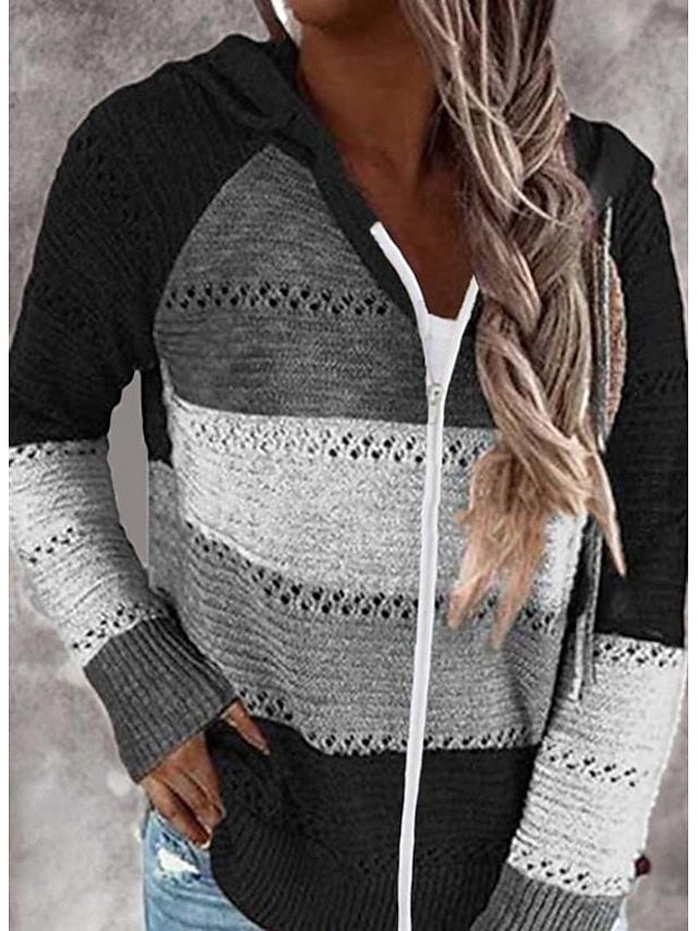 Women's Cardigan Sweater Hooded Ribbed Knit Acrylic Patchwork Zipper Hooded Spring Fall Outdoor Daily Going out Stylish Casual Soft Long Sleeve Color Block Black Pink Gray S M L