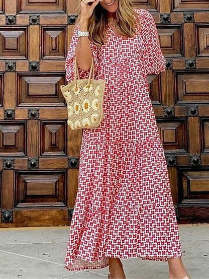 Women's Dress - Casual Dress Swing Dress Long Dress Maxi Dress Wine Blue Dark Green 3/4 Length Sleeve Floral Print Summer Spring Fall V Neck Fashion Vacation Fall Dress Summer Dress Regular Fit 2023 S M L XL