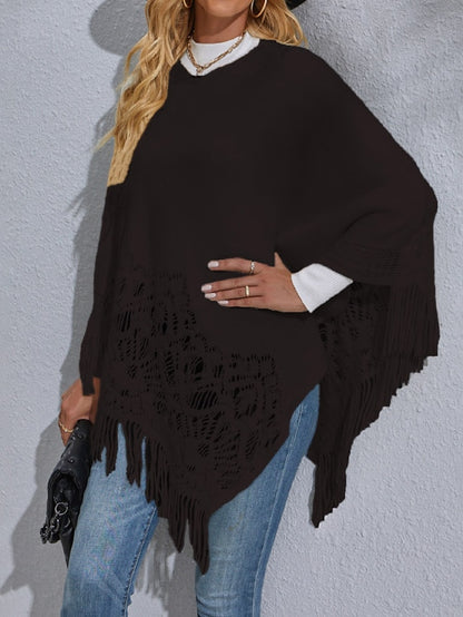 Women's Poncho Sweater Crew Neck Ribbed Knit Acrylic Tassel Knitted Fall Winter Tunic Outdoor Daily Holiday Stylish Casual Soft Long Sleeve Pure Color Black White Red S M L