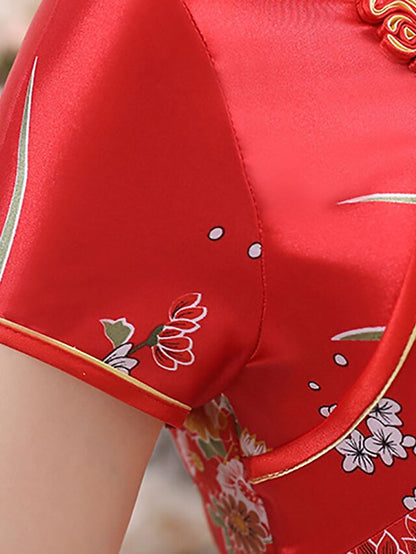 Women's Dress - Cheongsam Floral Mandarin Collar Chinoiserie Dress Long Dress Maxi Dress Light Pink Black Blue Short Sleeve Spring Summer Weekend S M L XL XXL 3XL 4XL 5XL 6XL