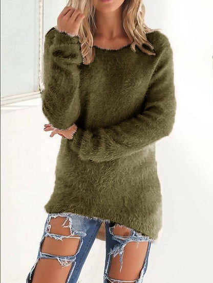 Women's Pullover Sweater Jumper Crew Neck Ribbed Knit Cotton Oversized Fall Winter Outdoor Daily Going out Stylish Casual Soft Long Sleeve Solid Color Lake blue ArmyGreen Black S M L