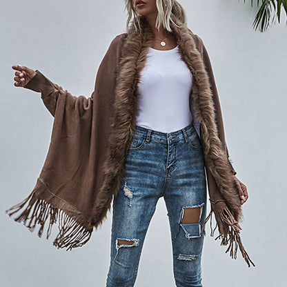 Women's Poncho Sweater Open Front Ribbed Knit Acrylic Tassel Knitted Fall Winter Tunic Outdoor Daily Going out Stylish Casual Soft Long Sleeve Pure Color Black Pink Wine S M L