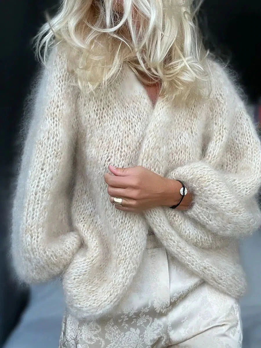 Women's Cardigan Sweater V Neck Ribbed Knit Polyester Braided Lantern Sleeve Fall Winter Regular Party Christmas Going out Stylish Casual Soft Long Sleeve Solid Color Beige S M L